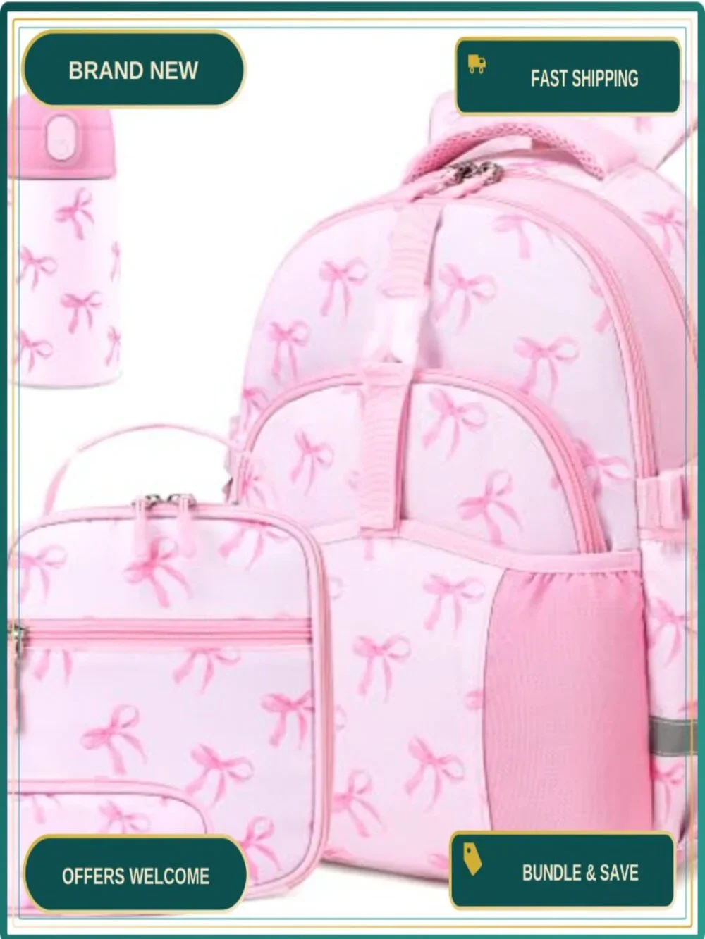 Kids Backpack 4-Piece Set with Water Bottle Lunch Box Pencil Case for School